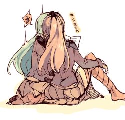 Rule 34 | 10s, 2girls, blazer, brown hair, cis (carcharias), from behind, green hair, kantai collection, kumano (kancolle), long hair, multiple girls, personification, ponytail, skirt, squiggle, suzuya (kancolle), translation request, yuri