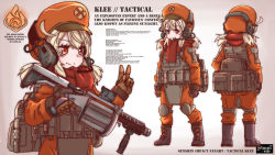 Rule 34 | 1girl, ahoge, alternate costume, artist name, backpack, bag, boots, brown gloves, bulletproof vest, cabbie hat, character name, character sheet, clover print, combat boots, commentary, copyright name, english commentary, from behind, full body, genshin impact, gloves, grenade launcher, gun, hair between eyes, hat, headset, introvert-kun, jumpsuit, klee (genshin impact), knee guards, light brown hair, long hair, long sleeves, looking at viewer, low twintails, milkor mgl, orange eyes, orange hat, orange jumpsuit, red scarf, revolver grenade launcher, rifle, scarf, sidelocks, simple background, smile, solo, tactical clothes, trigger discipline, twintails, v, v-shaped eyebrows, vest, weapon