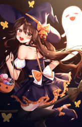 Rule 34 | 1girl, absurdres, alternate costume, bare shoulders, belt bow, black hat, black thighhighs, blush, bow, broom, brown hair, candy, cross-laced clothes, detached sleeves, dress, educk, food, frilled dress, frills, from behind, genshin impact, ghost, hair between eyes, hat, hat bow, highres, hu tao (genshin impact), jack-o&#039;-lantern, leg up, long hair, looking at viewer, looking back, nail polish, open mouth, orange bow, puffy detached sleeves, puffy sleeves, red eyes, solo, strapless, strapless dress, symbol-shaped pupils, thighhighs, twintails, very long hair, white bow, witch hat