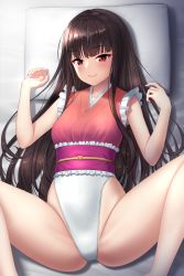 Rule 34 | 1girl, alternate costume, azure-maya, bare shoulders, barefoot, bed, belt, black hair, blush, breasts, closed mouth, frills, heart, highres, houraisan kaguya, long hair, looking at viewer, lying, medium breasts, on back, one-piece swimsuit, pillow, pink belt, pink one-piece swimsuit, pov, red eyes, smile, solo, speech bubble, spread legs, swimsuit, textless version, touhou, touhou tag dream, white one-piece swimsuit, wrestling outfit