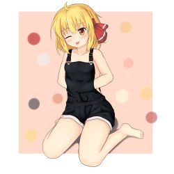 Rule 34 | 1girl, ahoge, alternate costume, blonde hair, blush, breasts, collarbone, full body, hair ornament, hair ribbon, hand under clothes, head tilt, highres, looking at viewer, no bra, one eye closed, orange background, orange eyes, outside border, overalls, ribbon, rumia, shorts, simple background, sitting, small breasts, smile, solo, tongue, touhou, two-tone background, white background