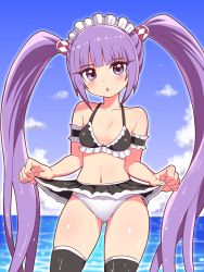 Rule 34 | 1girl, bare shoulders, bikini, blush, breasts, cloud, cougar (cougar1404), hair tubes, long hair, looking at viewer, maid, maid bikini, maid headdress, navel, open mouth, panties, purple eyes, purple hair, shiny skin, skirt, small breasts, solo, sophie (tales), swimsuit, tales of (series), tales of graces, thighhighs, twintails, unconventional maid, underwear, very long hair, water