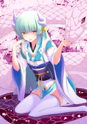 Rule 34 | 1girl, animal, aqua hair, cherry blossoms, fate/grand order, fate (series), fuu (fuore), highres, horns, japanese clothes, kimono, kiyohime (fate), long hair, looking at viewer, obi, petals, red eyes, reptile, sash, sitting, snake, thighhighs, tongue, tongue out, water, white thighhighs, wide sleeves, yellow eyes
