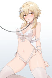 Rule 34 | 1girl, arms behind back, blonde hair, blush, bra, breasts, chain, chain leash, choker, feint721, flower, genshin impact, grey background, hair flower, hair ornament, highres, invisible floor, leash, lipstick, lumine (genshin impact), makeup, medium breasts, panties, parted lips, short hair with long locks, side-tie panties, simple background, sitting, solo, thighhighs, thighs, underwear, underwear only, white bra, white choker, white flower, white panties, white thighhighs, yellow eyes