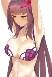 Rule 34 | 1girl, armpits, arms up, bikini, blush, breasts, cleavage, fate/grand order, fate (series), flower, hair flower, hair ornament, highres, large breasts, long hair, navel, parted lips, purple bikini, purple hair, red eyes, scathach (fate), scathach (fate), scathach (swimsuit assassin) (fate), simple background, solo, swimsuit, throtem, upper body, white background