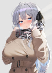 Rule 34 | 1girl, :o, absurdres, blue eyes, blush, breasts, brown coat, checkered clothes, checkered scarf, coat, futon fly away, hair ribbon, highres, long hair, looking at viewer, mole, mole under eye, open mouth, original, ribbon, scarf, silver hair, simple background, solo, upper body