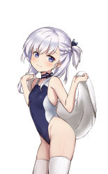 Rule 34 | 1girl, alternate costume, armpits, ass, azur lane, blue one-piece swimsuit, braid, breasts, choker, collarbone, commentary, english commentary, eyes visible through hair, from side, groin, head tilt, highleg, highres, holding, holding towel, leaning forward, little bel (azur lane), long hair, looking at viewer, one-piece swimsuit, one side up, piano-alice, purple eyes, sidelocks, silver hair, simple background, single braid, small breasts, smile, solo, swimsuit, thighhighs, towel, white background, white thighhighs