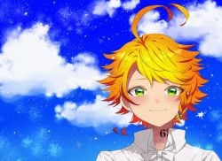Rule 34 | 1girl, ahoge, blonde hair, blouse, blue sky, closed mouth, cloud, collared shirt, day, emma (yakusoku no neverland), green eyes, highres, kitimoop, looking at viewer, neck ribbon, neck tattoo, number tattoo, portrait, ribbon, shirt, short hair, sky, smile, solo, star (symbol), swept bangs, tattoo, white ribbon, white shirt, wing collar, yakusoku no neverland