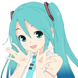 Rule 34 | 1girl, aqua eyes, aqua hair, bare shoulders, blush, close-up, commentary, gradient hair, hair ornament, hands up, hatsune miku, light blush, looking at viewer, multicolored hair, necktie, outstretched hand, shirt, shoulder tattoo, sleeveless, sleeveless shirt, smile, solo, soukun s, spread fingers, tattoo, twintails, upper body, vocaloid, white background, white shirt