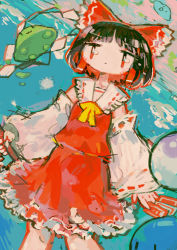 Rule 34 | 1girl, abstract background, black hair, bow, detached sleeves, expressionless, feet out of frame, hair bow, hakurei reimu, hito (nito563), holding, japanese clothes, miko, red bow, red eyes, red ribbon, red skirt, ribbon, ribbon trim, short hair, skirt, solo, touhou, yellow neckwear