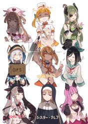 Rule 34 | 6+girls, animal ears, animare, apron, armband, ars almal, asymmetrical clothes, bat ears, bat ornament, black cape, blue eyes, blush stickers, breasts, brown eyes, buttons, cape, character name, chef, cleavage, cleavage cutout, closed eyes, closed mouth, clothing cutout, collar, commentary, cookpad, cookpad-tan, dress, eighth note, eyepatch, fang, fang out, followers favorite challenge, glint, gloves, glowing, glowing eyes, green hair, green ribbon, habit, hair ornament, hair ribbon, hanarito, hat, holding, holding knife, holding sign, honey strap, hood, hood up, horns, inaba haneru (animare), knife, leaning forward, light brown hair, long hair, long sleeves, looking at viewer, looking to the side, medium breasts, medium hair, multicolored hair, multiple drawing challenge, multiple girls, musical note, nanashi inc., natori sana, nijisanji, nun, nurse cap, open beta (vtuber), orange eyes, partially fingerless gloves, pink apron, pink eyes, pink headwear, pom pom (clothes), puffy short sleeves, puffy sleeves, quarter note, rabbit hair ornament, red eyes, red hair, ribbon, safety pin, sana channel, scarf, sekishiro mico, shaded face, short hair, short sleeves, side ponytail, sign, simple background, sister claire, sister claire (1st costume), sixteenth note, smile, sparkle, split-color hair, streaked hair, sweatdrop, tachibana suzuha, traditional nun, translated, two-tone hair, two side up, umori hinako, upper body, very long hair, virtual youtuber, white background, white dress, white hair, yellow eyes, yorumi rena
