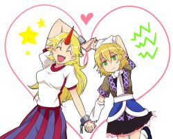 Rule 34 | 2girls, 6 (yuchae), arm warmers, blonde hair, closed eyes, cuffs, fang, green eyes, heart, holding hands, horns, hoshiguma yuugi, interlocked fingers, mizuhashi parsee, multiple girls, open mouth, pointy ears, shackles, shirt, simple background, single horn, skirt, smile, touhou, white background