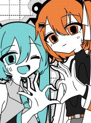 2girls 4-finger_heart_hands a.i._voice absurdres adachi_rei aqua_eyes aqua_hair aqua_necktie black_shirt chiori_(_chio_ri) closed_mouth flat_color gloves grey_shirt hair_between_eyes hair_ornament hand_up hatsune_miku heart heart_hands heart_hands_duo highres jacket long_hair long_sleeves looking_at_viewer multiple_girls necktie one_eye_closed open_clothes open_jacket open_mouth orange_eyes orange_hair shirt smile textless_version twintails upper_body utau vocaloid white_gloves white_jacket