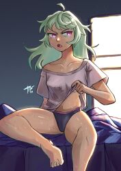 Rule 34 | 1girl, absurdres, ahoge, bare legs, barefoot, bed, bedroom, breasts, clothes lift, collarbone, commentary, corviwing, english commentary, eyelashes, frown, green hair, highres, hot, looking to the side, messy hair, midriff, midriff peek, morning, navel, off shoulder, on bed, open mouth, original, panties, pink eyes, shirt, shirt lift, signature, small breasts, summer, sunlight, sweat, swept bangs, t-shirt, thighs, underwear, very sweaty, waking up, window