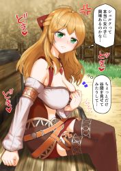 Rule 34 | 1girl, absurdres, bench, blonde hair, blush, breasts, cleavage, detached sleeves, fiora (xenoblade), green eyes, highres, ii tea, large breasts, medium hair, midriff, miniskirt, skirt, solo, thighhighs, xenoblade chronicles 1, xenoblade chronicles (series)