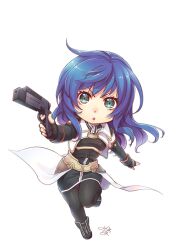 Rule 34 | 1girl, black pantyhose, blue hair, chibi, fingerless gloves, full body, gloves, green eyes, gun, long hair, looking at viewer, maria traydor, misono mitama, open mouth, pantyhose, simple background, skirt, solo, star ocean, star ocean till the end of time, weapon, white background