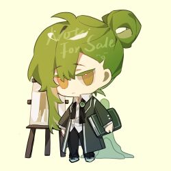 Rule 34 | 1boy, andrian11011, ascot, black ascot, black pants, book, chibi, closed mouth, coat, collared shirt, folded ponytail, green coat, green hair, highres, holding, holding book, library of ruina, long hair, long sleeves, looking at viewer, male focus, netzach (project moon), pants, project moon, shirt, shoes, solo, undone ascot, very long hair, white footwear, white shirt, yellow eyes