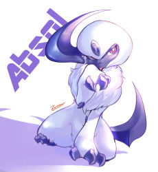 Rule 34 | :3, absol, absurdres, artist name, bad id, bad pixiv id, character name, claws, closed mouth, creatures (company), english text, forehead jewel, full body, game freak, gen 3 pokemon, hand up, highres, horn, looking to the side, nintendo, no humans, pokemon, pokemon (creature), red eyes, short hair, signature, simple background, sitting, solo, tamanosuke, tongue, tongue out, white background, white hair