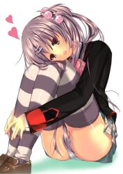 Rule 34 | 1girl, black jacket, blue eyes, blush, bow, commentary request, eyes visible through hair, fang, feet out of frame, grey background, grey skirt, hair between eyes, hair bobbles, hair ornament, hairclip, head tilt, heart, highres, hugging own legs, humuyun, jacket, knees up, leaning forward, legs together, little busters!, little busters! school uniform, long hair, long sleeves, looking at viewer, miniskirt, one side up, open mouth, panties, panty peek, partial commentary, pink bow, plaid, plaid skirt, purple hair, saigusa haruka, school uniform, side ponytail, simple background, sitting, skirt, smile, solo, striped clothes, striped panties, thighs, underwear, very long hair