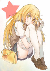 Rule 34 | + +, 1girl, :3, bad id, bad pixiv id, bag, blonde hair, blush stickers, controller, gloves, handbag, hugging own legs, kippu, lace, lace-trimmed gloves, lace-trimmed legwear, lace trim, loafers, long hair, looking at viewer, pleated skirt, remote control, school uniform, shirt, shoes, shokuhou misaki, short sleeves, sitting, skirt, solo, sparkle, sweater vest, symbol-shaped pupils, thighhighs, toaru kagaku no railgun, toaru majutsu no index, v, white gloves, white thighhighs, yellow eyes