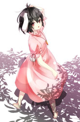 Rule 34 | 1girl, animal ears, bad anatomy, barefoot, black hair, carrot, carrot necklace, dress, gorilla (bun0615), highres, inaba tewi, jewelry, looking at viewer, looking back, necklace, open mouth, pendant, pink dress, pink eyes, puffy short sleeves, puffy sleeves, rabbit ears, rabbit girl, rabbit tail, shadow, short sleeves, solo, tail, touhou