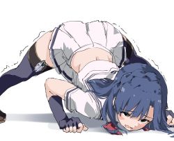 Rule 34 | black gloves, black thighhighs, blue hair, blush stickers, braid, brown footwear, elbow gloves, exhausted, fingerless gloves, gloves, hands on floor, highres, idol heroes (idolmaster), idolmaster, idolmaster million live!, jack-o&#039; challenge, looking away, medium hair, miniskirt, nanao yuriko, neckerchief, open mouth, rauto, red neckerchief, sailor collar, shirt, short sleeves, skirt, solo, thighhighs, top-down bottom-up, trembling, white background, white shirt, white skirt, yellow eyes