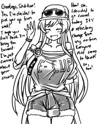 Rule 34 | 1girl, alternate breast size, azur lane, blush, breasts, closed eyes, commentary, deculture, english commentary, english text, enterprise (azur lane), eyewear on head, greyscale, hat, highres, huge breasts, jacket, long hair, monochrome, open mouth, shorts, solo, tied jacket, waving