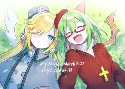 Rule 34 | 243 kou, 2girls, ^ ^, angel, beret, blue eyes, capelet, closed eyes, closed mouth, colored skin, cross, cross necklace, dated, demon, demon girl, demon tail, demon wings, fang, froze (funamusea), funamusea, grass, green hair, green wings, grey capelet, grey headwear, haiiro teien, hair between eyes, hair over one eye, hashtag, hat, highres, horns, jewelry, light blush, light particles, looking at another, low twintails, multiple girls, necklace, open mouth, red-framed eyewear, red headwear, red sweater, semi-rimless eyewear, shirt, short hair, sidelocks, single horn, skin fang, smile, sweater, swept bangs, tail, twintails, vignetting, white shirt, white skin, white wings, wings, yosafire (funamusea), yuri