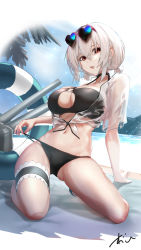 Rule 34 | 1girl, azur lane, bikini, black bikini, breasts, eyewear on head, full body, heart, heart-shaped eyewear, highres, innertube, large breasts, looking at viewer, o-ring, o-ring top, official alternate costume, oregano (olgn eao), pulling own clothes, red eyes, see-through, short twintails, signature, sirius (azur lane), sirius (scorching-hot seirios) (azur lane), solo, sunglasses, swim ring, swimsuit, thigh strap, twintails, white hair