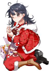 Rule 34 | 1girl, akebono (kancolle), black hair, blush, brown eyes, character doll, christmas, drew (drew213g), fork, full body, hair between eyes, holding, holding fork, kantai collection, long hair, long sleeves, machinery, official art, one eye closed, rigging, santa costume, solo, torpedo launcher, torpedo tubes, transparent background, ushio (kancolle)