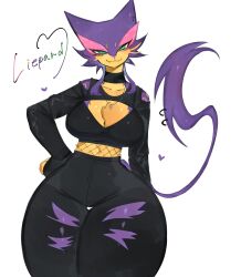 Rule 34 | 1girl, animal ears, black pants, breasts, cat ears, cat girl, cat tail, cleavage, creatures (company), crop top, cross, cross pendant, ear piercing, fang, fishnet top, fishnets, furry, furry female, game freak, gen 5 pokemon, green eyes, hand on own hip, jewelry, large breasts, liepard, long tail, looking at viewer, midriff, multicolored fur, navel, nintendo, pants, pendant, piercing, pokemon, pokemon (creature), purple fur, purple hair, short hair, sidelocks, smile, tail, thick thighs, thighs, togetoge, torn clothes, torn pants, yellow fur