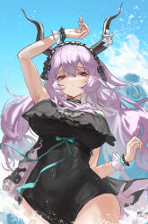 1girl aqua_bow arknights arm_up black_bow black_choker black_hairband black_horns black_one-piece_swimsuit blush bow breasts chinese_commentary choker closed_mouth commentary_request cowboy_shot day frilled_bow frilled_hairband frilled_one-piece_swimsuit frills hair_between_eyes hairband highres horns large_breasts long_hair looking_at_viewer official_alternate_costume one-piece_swimsuit outdoors pink_eyes purple_hair solo splashing standing swimsuit typhon_(arknights) typhon_(temperature_difference)_(arknights) watanab1019 water wet