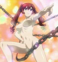 Rule 34 | 1girl, breasts, chain, closed mouth, convenient censoring, freezing (series), genessa roland, highres, long hair, navel, nipples, nude, pointing, purple eyes, red hair, smile, solo, standing, twintails