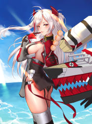 Rule 34 | 1girl, :p, absurdres, akashiro yulice, antenna hair, ass, azur lane, black panties, blue sky, breasts, cloud, cloudy sky, commentary request, cross, dango, food, from side, garter straps, hair ornament, highres, holding, horizon, huge filesize, iron cross, large breasts, long hair, looking at viewer, looking to the side, machinery, mole, mole on breast, multicolored hair, ocean, panties, pointing, pointing at self, prinz eugen (azur lane), sideboob, sidelocks, sky, smile, solo, sunlight, tongue, tongue out, turret, two-tone gloves, two-tone hair, two-tone legwear, two side up, underwear, wagashi, white hair, wind