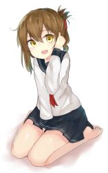 Rule 34 | 10s, 1girl, barefoot, between legs, brown eyes, brown hair, folded ponytail, full body, hand between legs, highres, inazuma (kancolle), kantai collection, knees together feet apart, long sleeves, looking at viewer, monobe tsukuri, neckerchief, open mouth, pleated skirt, sailor collar, school uniform, serafuku, simple background, sitting, skirt, solo, wariza, white background
