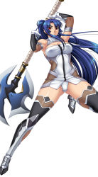 Rule 34 | 00s, 1girl, axe, bare shoulders, battle axe, blue hair, bodysuit, boots, breasts, dress, elbow gloves, female focus, full body, gloves, holding, holding weapon, jumping, kagami hirotaka, large breasts, long hair, looking at viewer, no bra, panties, ponytail, red eyes, serious, shiny skin, short dress, simple background, solo, source request, taimanin (series), taimanin asagi, taimanin murasaki, thighhighs, thong, underwear, weapon, white background, white panties, yatsu murasaki