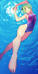 Rule 34 | 1girl, arms up, barefoot, blue eyes, commentary request, competition swimsuit, foot focus, foreshortening, freediving, green hair, hair ornament, hattori mitsuru, highres, kenkou zenrakei suieibu umishou, looking at viewer, ninagawa amuro, one-piece swimsuit, open mouth, short hair, solo, swimsuit, toes, two-tone swimsuit, underwater, x hair ornament