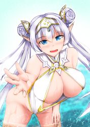 Rule 34 | 1girl, bare shoulders, blue eyes, blush, breasts, britomart (fate), center opening, cleavage, double bun, fate/grand order, fate (series), gold one-piece swimsuit, gold trim, grey hair, hair bun, hairband, highleg, highleg swimsuit, large breasts, leaning forward, long hair, looking at viewer, o-ring, one-piece swimsuit, open mouth, outstretched arm, pointy ears, smile, solo, swimsuit, taut clothes, taut swimsuit, tetsuhige, thighs, twintails, two-tone swimsuit, very long hair, wading, water, wet, white one-piece swimsuit