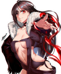 Rule 34 | &gt;:), 1girl, absurdres, black dress, black hair, black jacket, breasts, center opening, cropped jacket, dress, fate/grand order, fate (series), fur-trimmed jacket, fur trim, highres, jacket, kisaragi tsurugi, long hair, looking at viewer, medium breasts, navel, open clothes, open jacket, outstretched arm, red eyes, revealing clothes, signature, solo, strapless, strapless dress, very long hair, white background, yu mei-ren (fate)