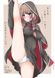 Rule 34 | 1girl, absurdres, black capelet, black dress, braid, breasts, brown hair, capelet, commentary request, dress, ferdinand (akizuki), highres, hood, hood up, hooded capelet, kantai collection, large breasts, long hair, looking at viewer, panties, pink background, pleated dress, shinshuu maru (kancolle), solo, split, standing, standing on one leg, standing split, translation request, twin braids, two-tone background, underwear, white background, white panties