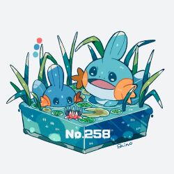 Rule 34 | afloat, artist name, color guide, commentary request, creatures (company), faux figurine, flower, game freak, gen 3 pokemon, in water, lily pad, looking at viewer, mudkip, nintendo, no humans, open mouth, partially submerged, plant, pokedex number, pokemon, pokemon (creature), shino (shinoru p), simple background, water, water lily flower, white background