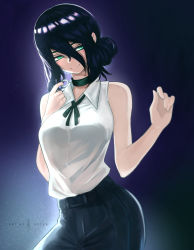 Rule 34 | 1girl, absurdres, artist name, bare arms, black hair, black pants, black ribbon, chainsaw man, closed mouth, collared shirt, dress shirt, green eyes, hair between eyes, highres, j. artur, looking at viewer, neck ribbon, pants, purple background, reze (chainsaw man), ribbon, shirt, sleeveless, sleeveless shirt, smile, solo, standing, white shirt, wing collar