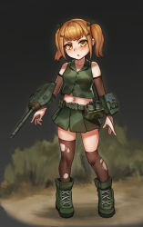 Rule 34 | 1girl, absurdres, adapted turret, asymmetrical legwear, boots, brown eyes, brown thighhighs, bulldog, camouflage, camouflage skirt, cannon, chance8000, crop top, elbow gloves, full body, gloves, green footwear, green skirt, highres, m41 walker bulldog, m41 walker bulldog (personification), machinery, mecha musume, medium hair, midriff, miniskirt, navel, original, personification, pleated skirt, skirt, sleeveless, solo, standing, thighhighs, torn clothes, torn thighhighs, twintails