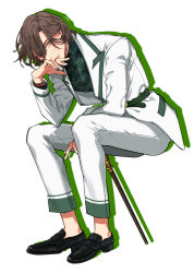 Rule 34 | 1boy, absurdres, belt, black footwear, brown hair, cane, commentary, curtained hair, english commentary, fingernails, full body, green belt, green shirt, grey eyes, hair between eyes, hand to own mouth, highres, invisible chair, jacket, kotobuki reiji, leaning forward, lips, long sleeves, looking at viewer, male focus, pants, shirt, shoes, short hair, silhouette, simple background, sitting, smile, solo, turtleneck, uta no prince-sama, wago, watch, white background, white jacket, white pants, wristwatch