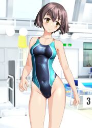 Rule 34 | 1girl, absurdres, blue one-piece swimsuit, brown eyes, brown hair, cameltoe, commentary request, competition swimsuit, contrapposto, covered navel, groin, highres, indoors, looking to the side, one-piece swimsuit, original, short hair, siblings, solo, standing, starting block, swimsuit, takafumi, twintails, variant set, yagasuri