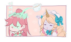 Rule 34 | 2girls, arm up, blonde hair, bow, bowtie, brown background, cafe cuties sivir, cafe cuties soraka, closed eyes, drill hair, expressionless, floating, gloves, green bow, green bowtie, grey background, grey bow, grey gloves, hair bow, hand up, horns, league of legends, long hair, maid, maid headdress, multiple girls, neck ribbon, official alternate costume, open mouth, outline, ponytail, puffy short sleeves, puffy sleeves, qin da xing, red hair, ribbon, short sleeves, single horn, sivir, soraka (league of legends), spilling, twin drills, white outline