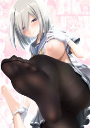 Rule 34 | 2girls, artist request, barefoot, blue eyes, blush, breasts, clothes lift, feet, foot focus, from below, gloves, hamakaze (kancolle), highres, kantai collection, looking down, medium hair, multiple girls, nipples, one breast out, pantyhose, saki chisuzu, school uniform, serafuku, silver hair, skirt, smile, soles, solo, toes