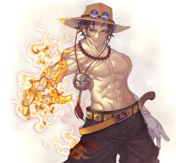 Rule 34 | 1boy, abs, bad id, bad pixiv id, belt, brown eyes, brown hair, fire, freckles, grin, hat, jewelry, katsutake, male focus, muscular, necklace, one piece, portgas d. ace, sad face, topless male, smile, smiley face, smirk, solo, white background