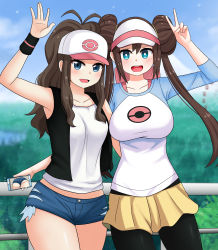 Rule 34 | 2girls, absurdres, ass, baseball cap, black legwear, blue eyes, blush, breasts, brown hair, cellphone, collarbone, creatures (company), day, double bun, ferris wheel, game freak, hair between eyes, hair bun, hat, highres, hilda (pokemon), jacket, landscape, large breasts, long hair, looking at viewer, medium breasts, multiple girls, nintendo, open mouth, pantyhose, phone, pokemon, pokemon bw, pokemon bw2, ponytail, ribbon, rosa (pokemon), shirt, shorts, sidelocks, smile, standing, taking picture, the only shoe, v, visor cap, when you see it, wristband, yellow shorts