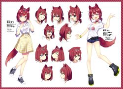 Rule 34 | 2girls, absurdres, animal ears, belt, black footwear, blue eyes, boots, bow, brown hair, character name, character request, choker, commentary request, copyright request, denim, denim shorts, dog ears, dog tail, expressions, full body, grin, hair bow, hair ornament, hairclip, highres, ichiren namiro, legs, multiple girls, open mouth, plaid, plaid skirt, ponytail, ribbon, shirt, shoes, short hair, short ponytail, short shorts, shorts, siblings, simple background, sisters, skirt, smile, socks, tail, translation request, twins, virtual youtuber, white background, white shirt, wolf ears, wolf tail, wristband, yellow skirt